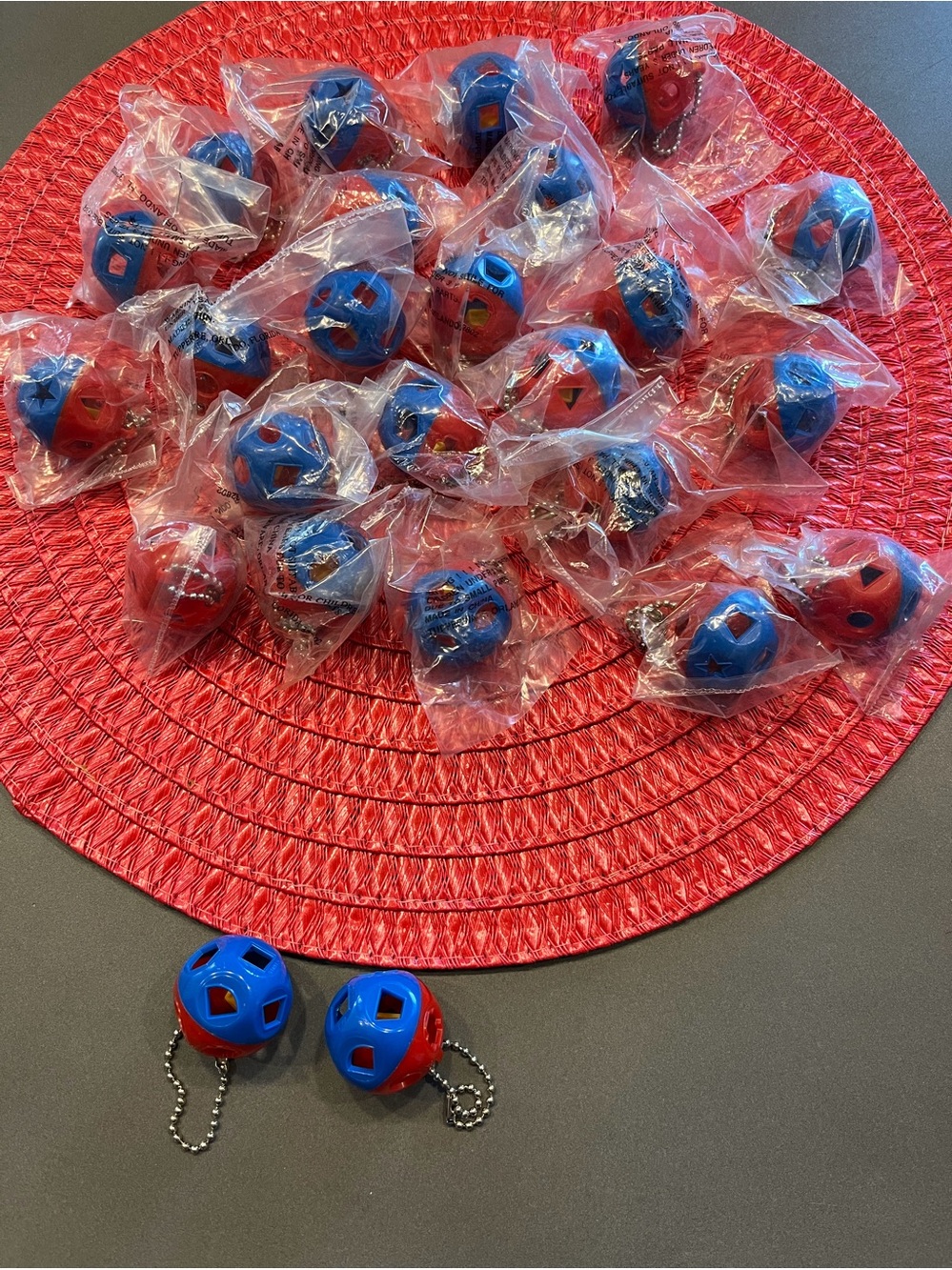 25 Tupperware Blue and Red Mini Plush-Style Ball Keychain Charms